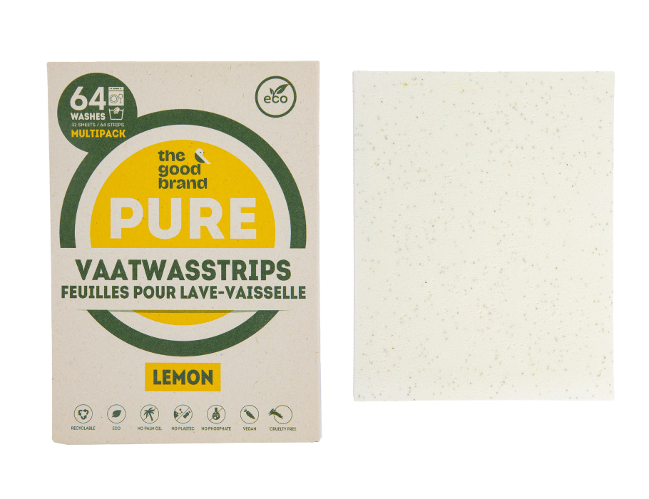 biolagunevad nõudepesumasina ribad sidrunilõhnaga keskkonnasõbralik alternatiiv nõudepesutablettidele The Good Brand plastikuvaba nõudepesuvahend