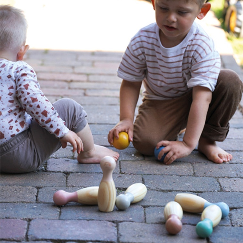 Puidust keeglimäng ja bowling riidest hoiukotis lastele