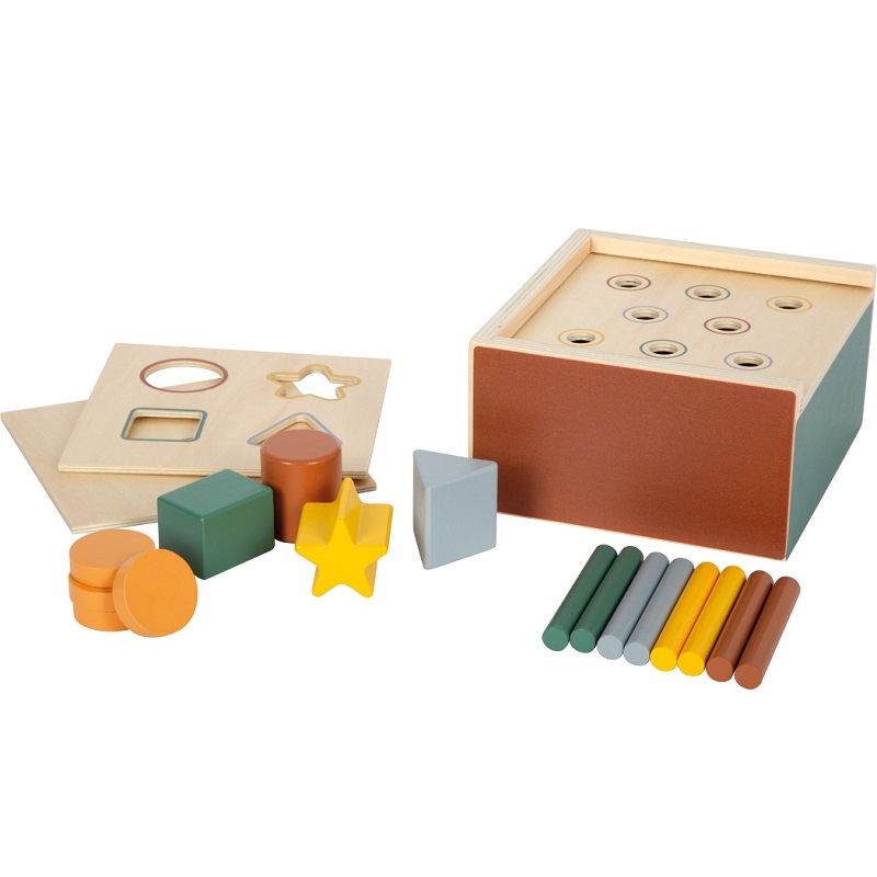 Montessori pedagoogikast inspireeritud puidust kujundite sorteerija vahetatavate kaantega ja Arendav sorteerimismäng