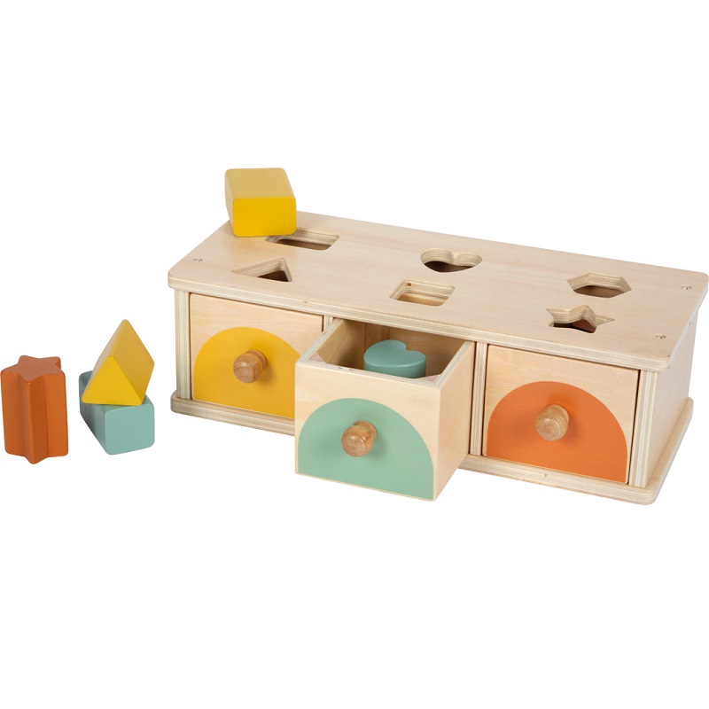 Montessori puidust sorteerimismäng ja pistmiskarp kolme sahtliga