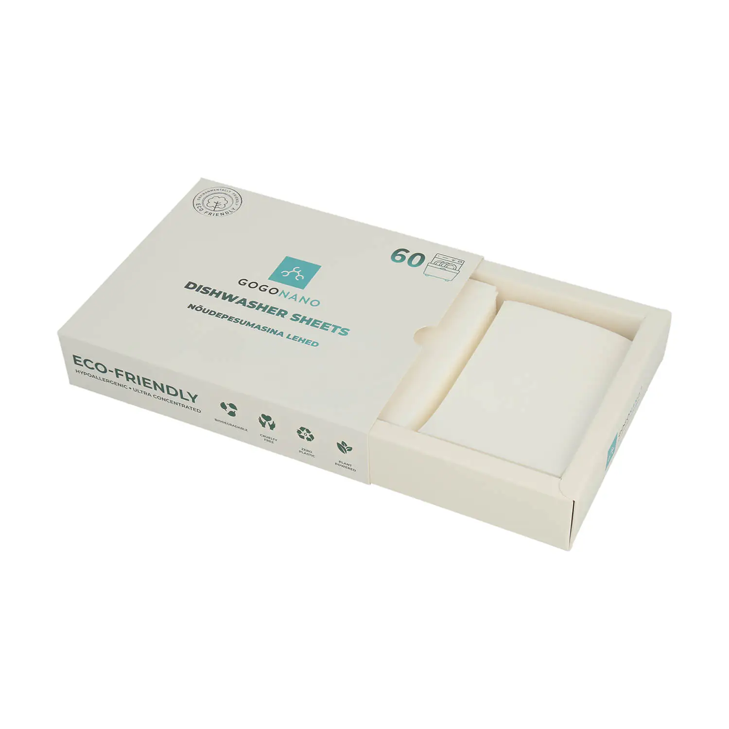GoGoNano nõudepesumasina lehed – 60 lõhnavaba ja plastikuvaba lehte Biolagunevad nõudepesulehed masinpesuks