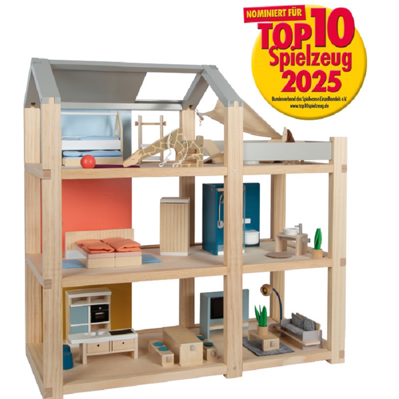 Põhjamaise disainiga puidust nukumaja koos mööbliga ja katuse­terassiga Suur kolmekorruseline puidust nukumaja lastele
