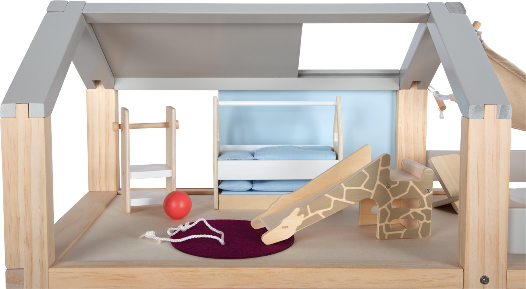 Põhjamaise disainiga puidust nukumaja koos mööbliga ja katuse­terassiga Suur kolmekorruseline puidust nukumaja lastele
