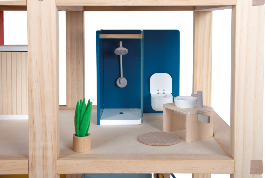 Põhjamaise disainiga puidust nukumaja koos mööbliga ja katuse­terassiga Suur kolmekorruseline puidust nukumaja lastele