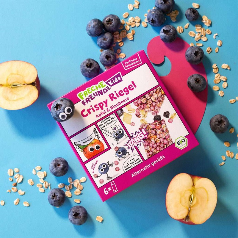 Freche Freunde orgaanilised müslibatoonid mustika ja õunaga Freche Freunde Crispy Riegel Apfel & Blaubeere müslibatoonid lastele