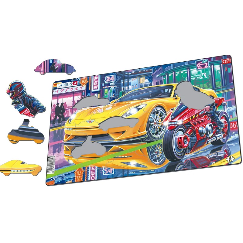 Realistliku pildiga auto ja tsikliga pusle lastele