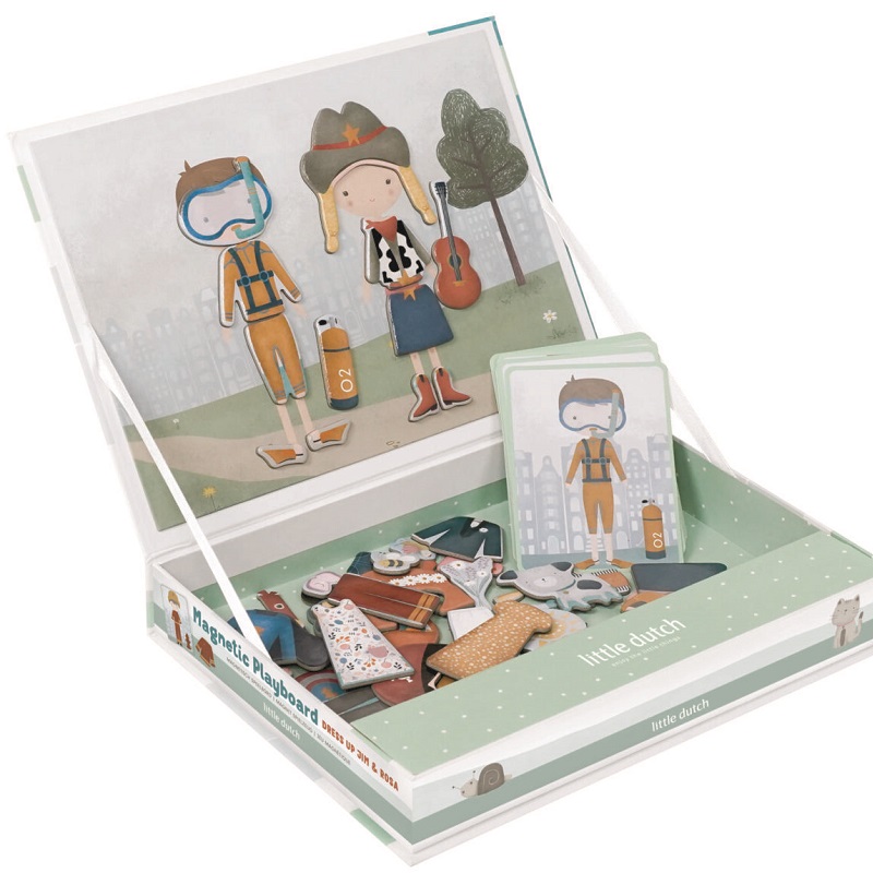 Little Dutch magnetkohver Jim & Rosa riietamismäng Magnetpusle Jim ja Rosa riietega – lastele Kaasaskantav magnetmäng, 80 magnetit ja riietuskaardid
