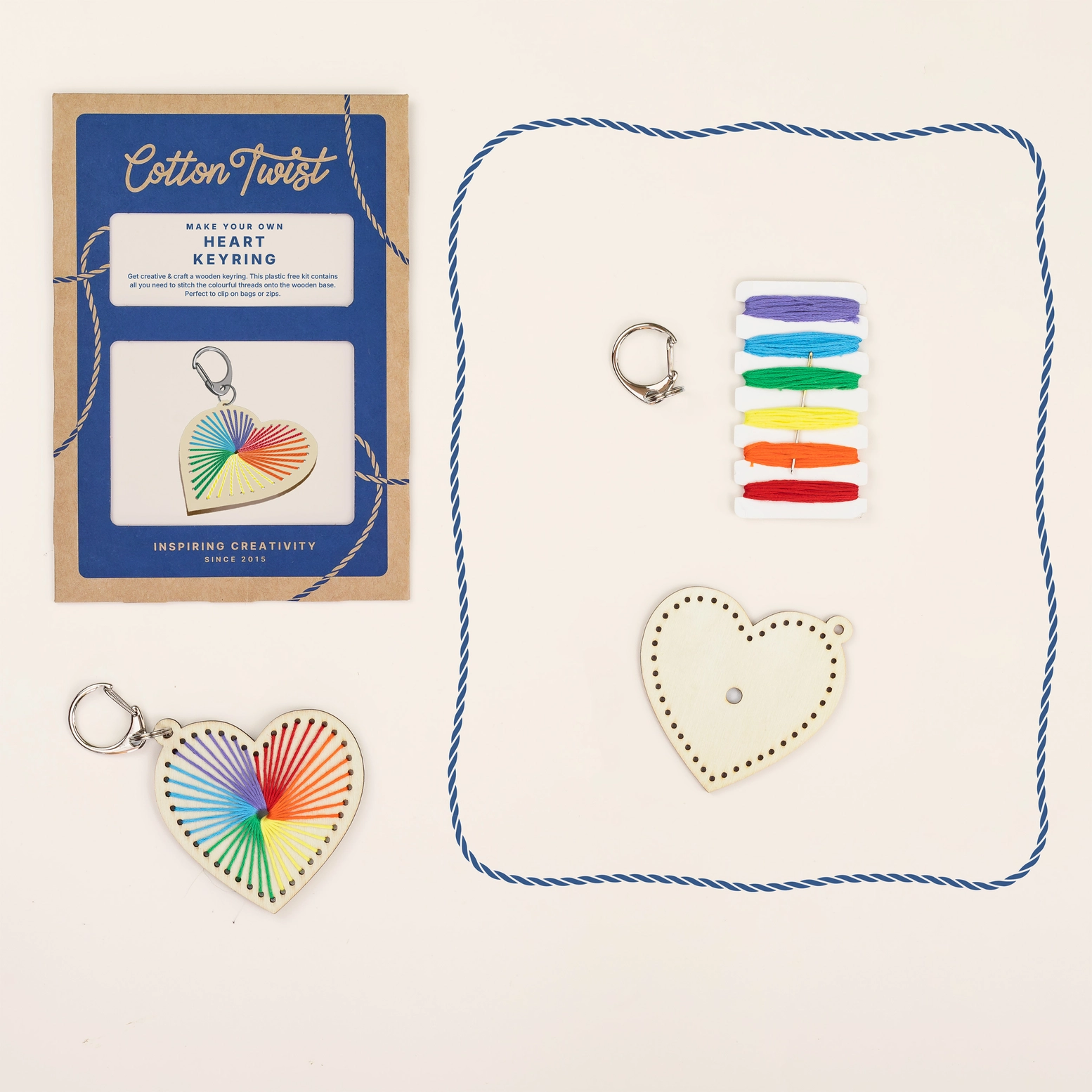 Cotton Twist Heart Keyring Craft Kit – tikitav südamega võtmehoidja 4+ Plastivaba tikkimiskomplekt lastele