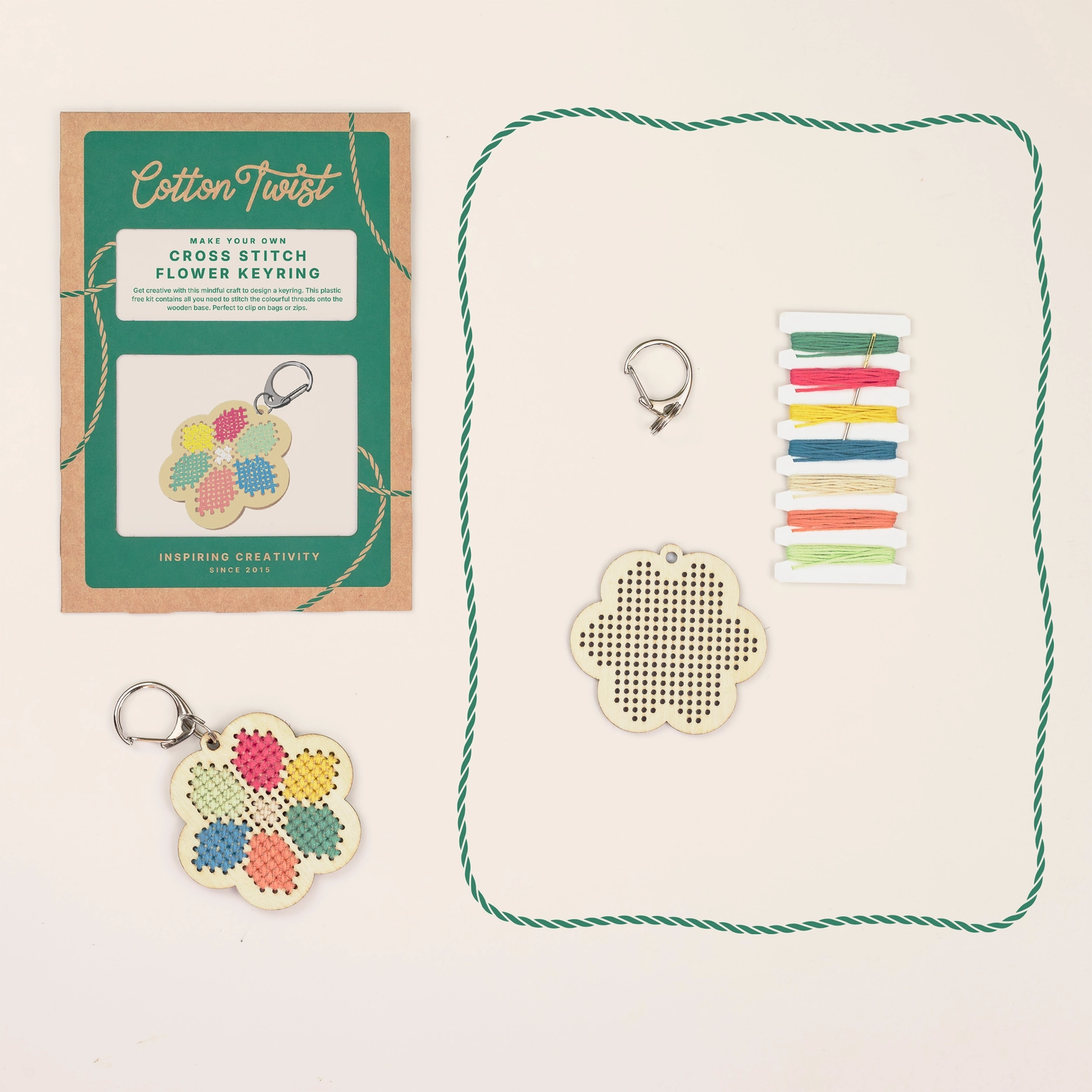 Cotton Twist Keyring Craft Kit – tikitav võtmehoidja Plastivaba tikkimiskomplekt lastele