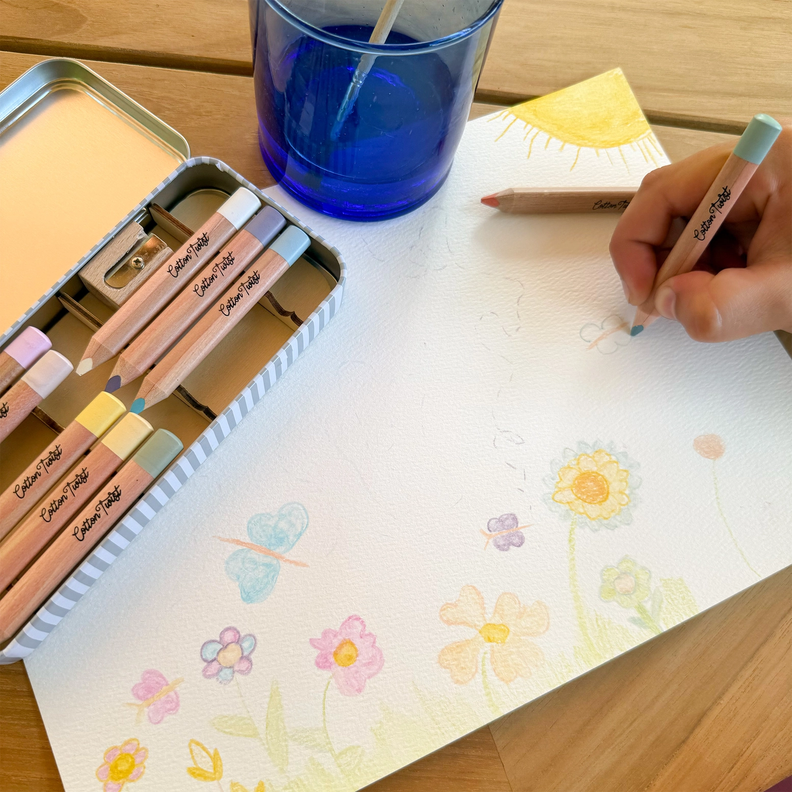 Cotton Twist pastelsed akvarellpliiatsid metallkarbis – 10 tk pintsel ja teritaja