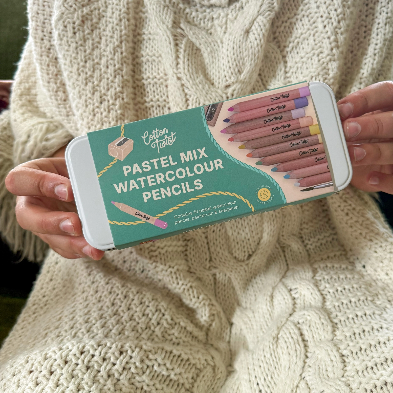 Cotton Twist pastelsed akvarellpliiatsid metallkarbis – 10 tk pintsel ja teritaja