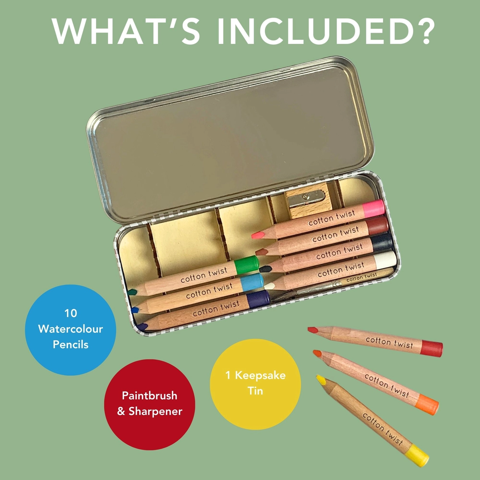 Cotton Twist akvarellpliiatsid metallkarbis – 10 tk pintsel ja teritaja